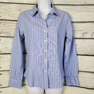 Talbots Wrinkle Resistant Striped Button-Up Shirt 10P Blue White Cotton Blend